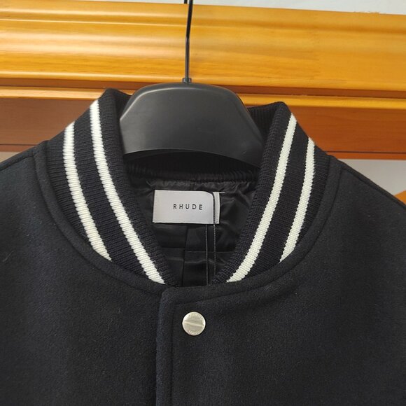 Rhude Embroidered Panel Leather Sleeve Casual Baseball Jacket - Picture 2 of 14